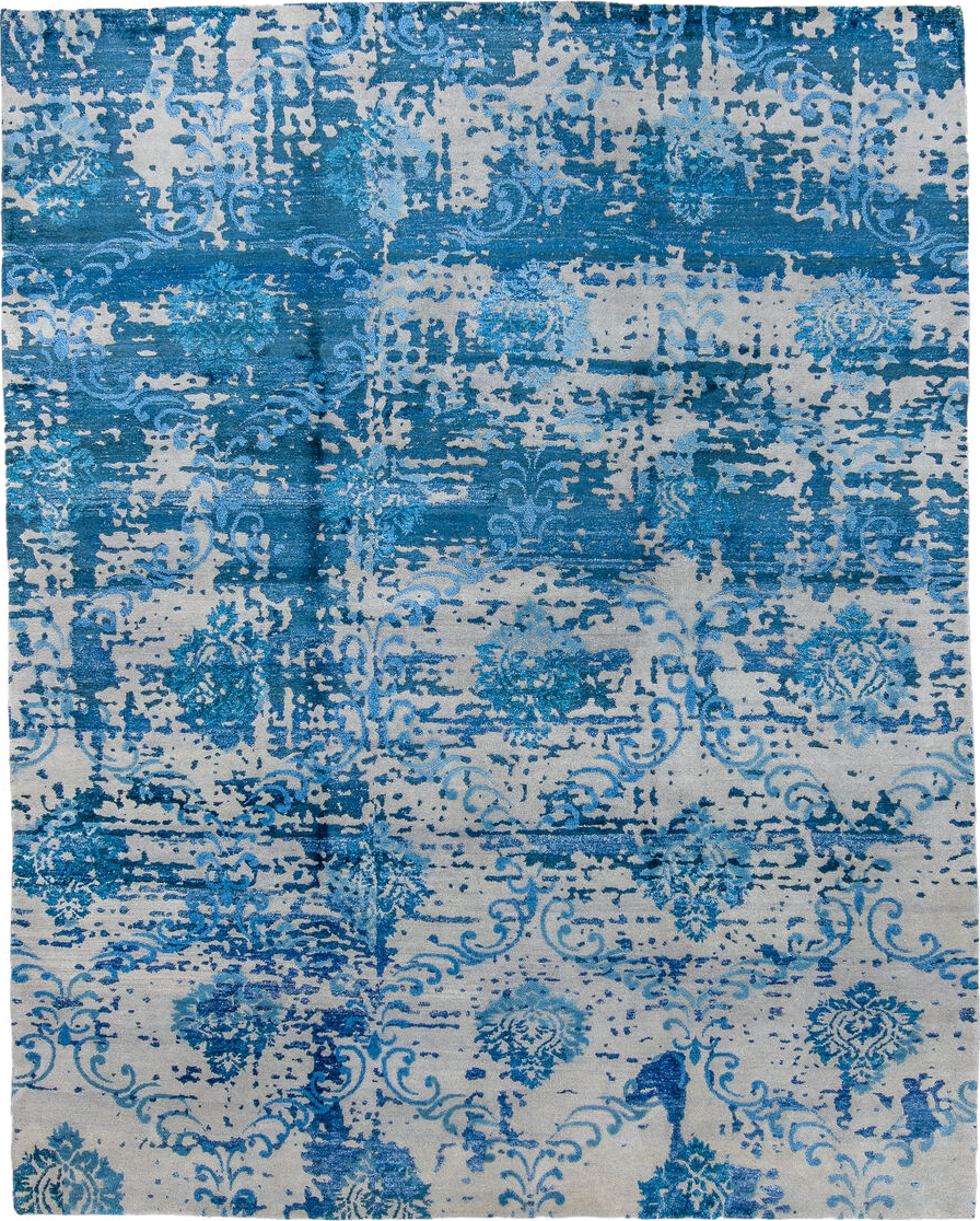 8' x 10' one-of-a-kind handmade handmade Contemporary large size rug. Color palette: ivory, azure, sky blue, cobalt, slate