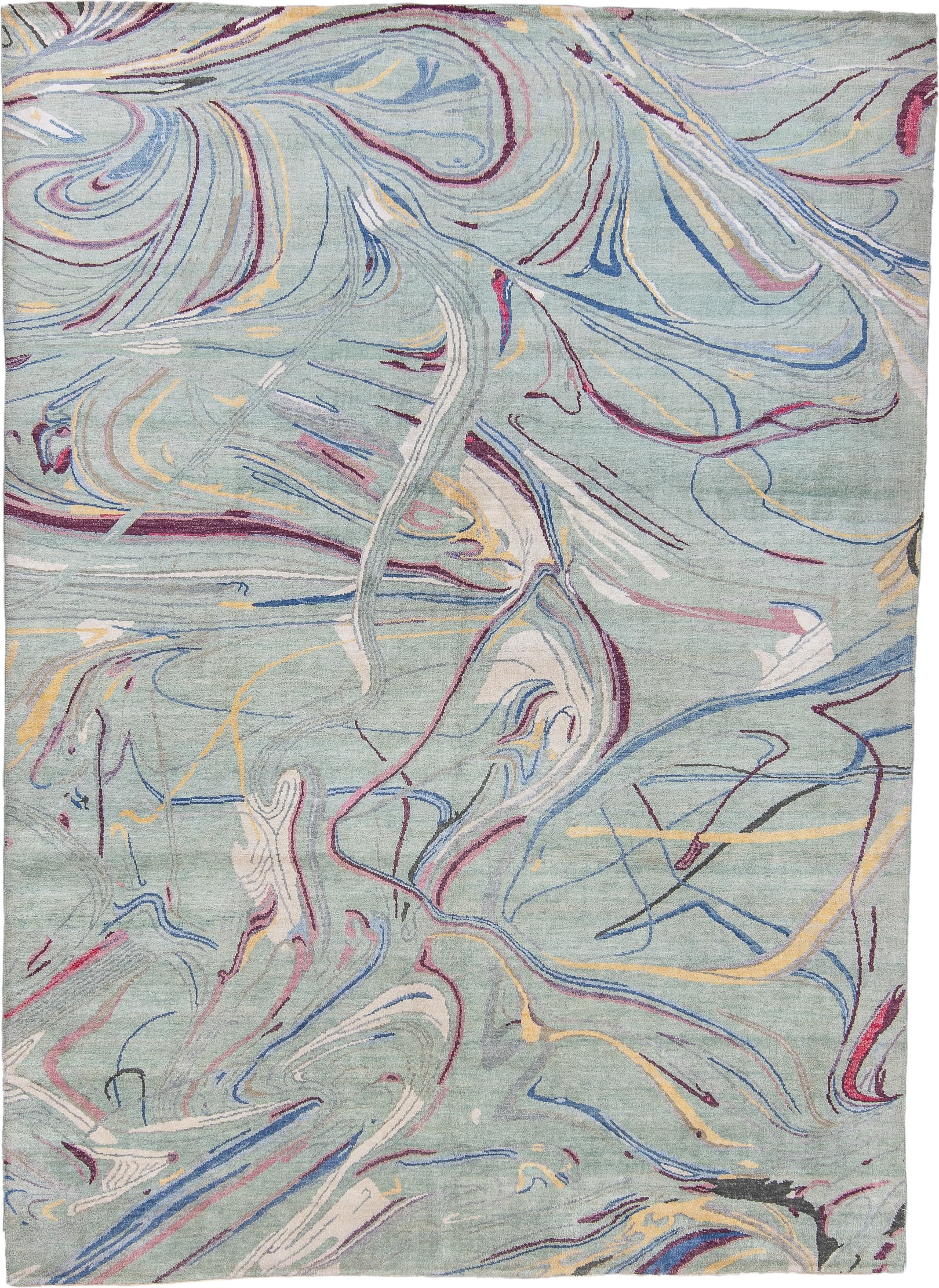 6' x 9' one-of-a-kind handmade handmade Contemporary medium size rug. Color palette: aqua, ivory, blue, plum, pink