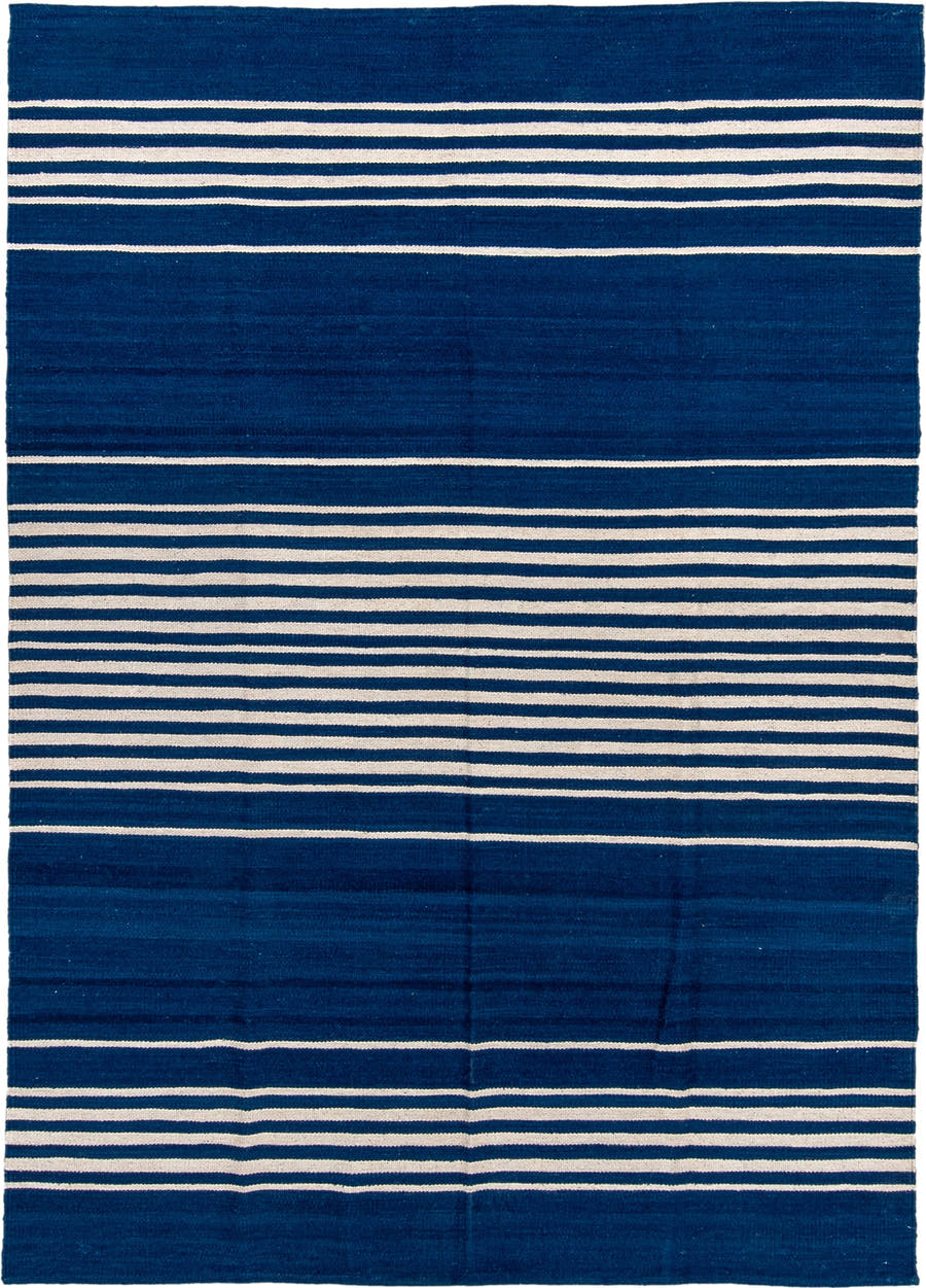 6' x 8' one-of-a-kind handmade vintage Kilim medium size rug. Color palette: indigo, ivory, purple