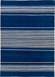 6' x 8' one-of-a-kind handmade vintage Kilim medium size rug. Color palette: indigo, ivory, purple