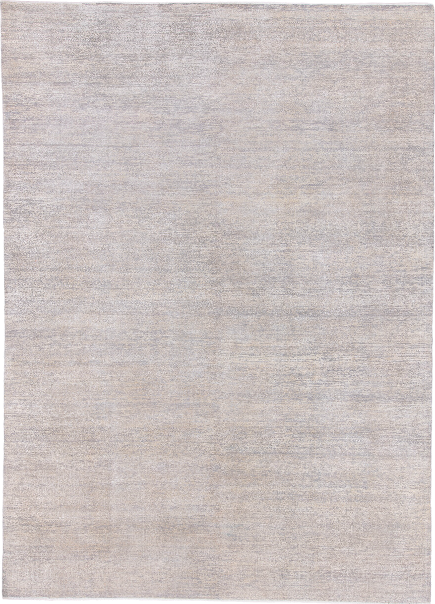 9' x 13' one-of-a-kind handmade vintage Sari Silk large size rug. Color palette: ivory, silver, taupe, cream, pale gray