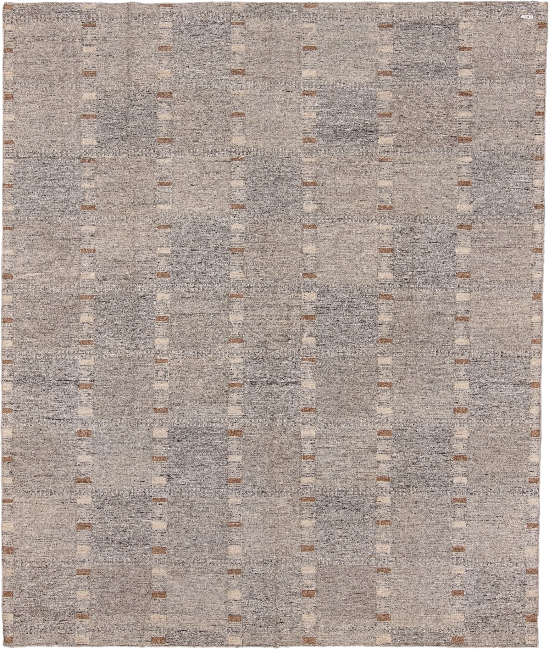 8' x 9' one-of-a-kind handmade vintage Kilim rug. Color palette: taupe, gray, ivory, camel, greige, beige