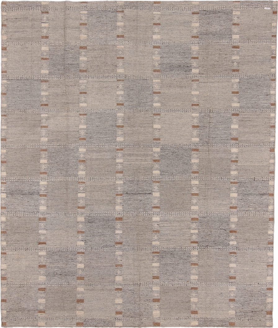 8' x 9' one-of-a-kind handmade vintage Kilim rug. Color palette: taupe, gray, ivory, camel, greige, beige