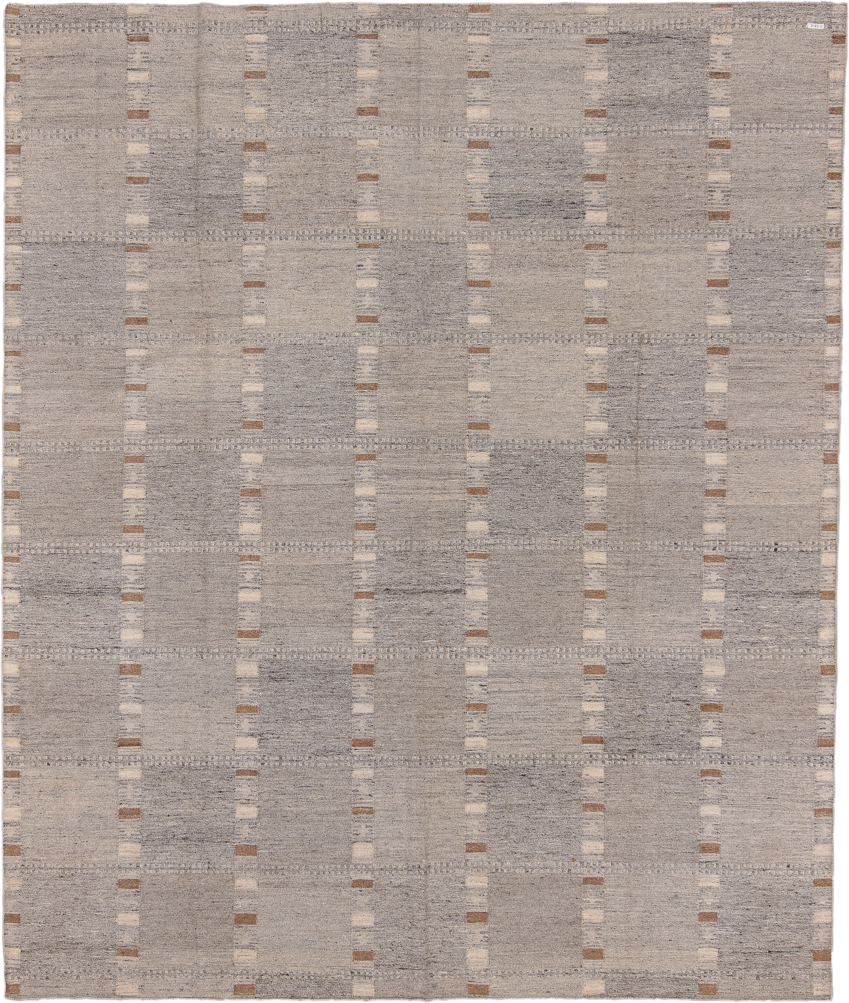 8' x 9' one-of-a-kind handmade vintage Kilim rug. Color palette: taupe, gray, ivory, camel, greige, beige