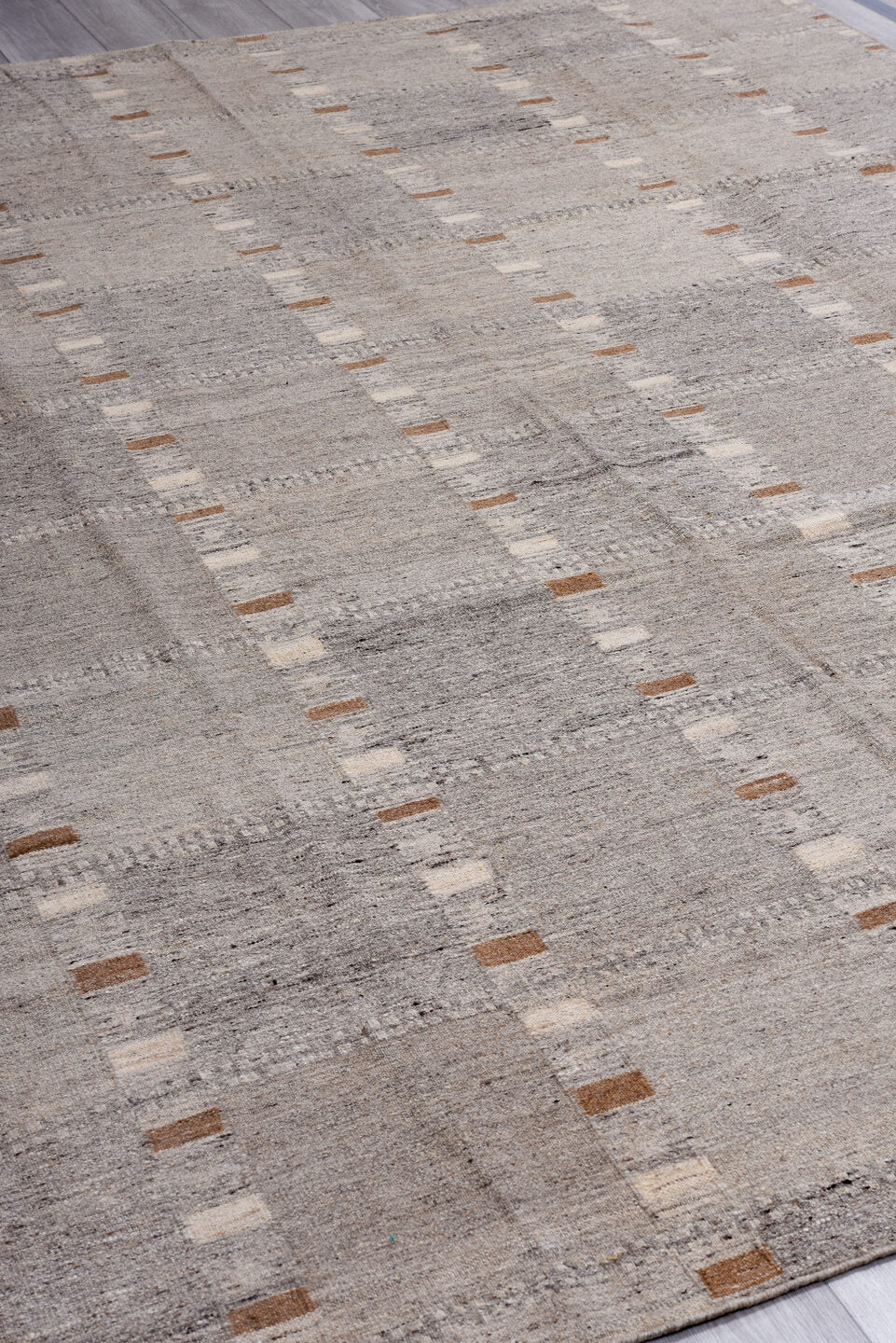 8' x 9' one-of-a-kind handmade vintage Kilim rug. Color palette: gray, light gray, off-white, pink