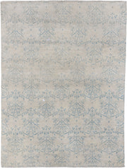 8' x 11' one-of-a-kind handmade vintage European large size rug. Color palette: ivory, pale blue, cream, sky blue, taupe