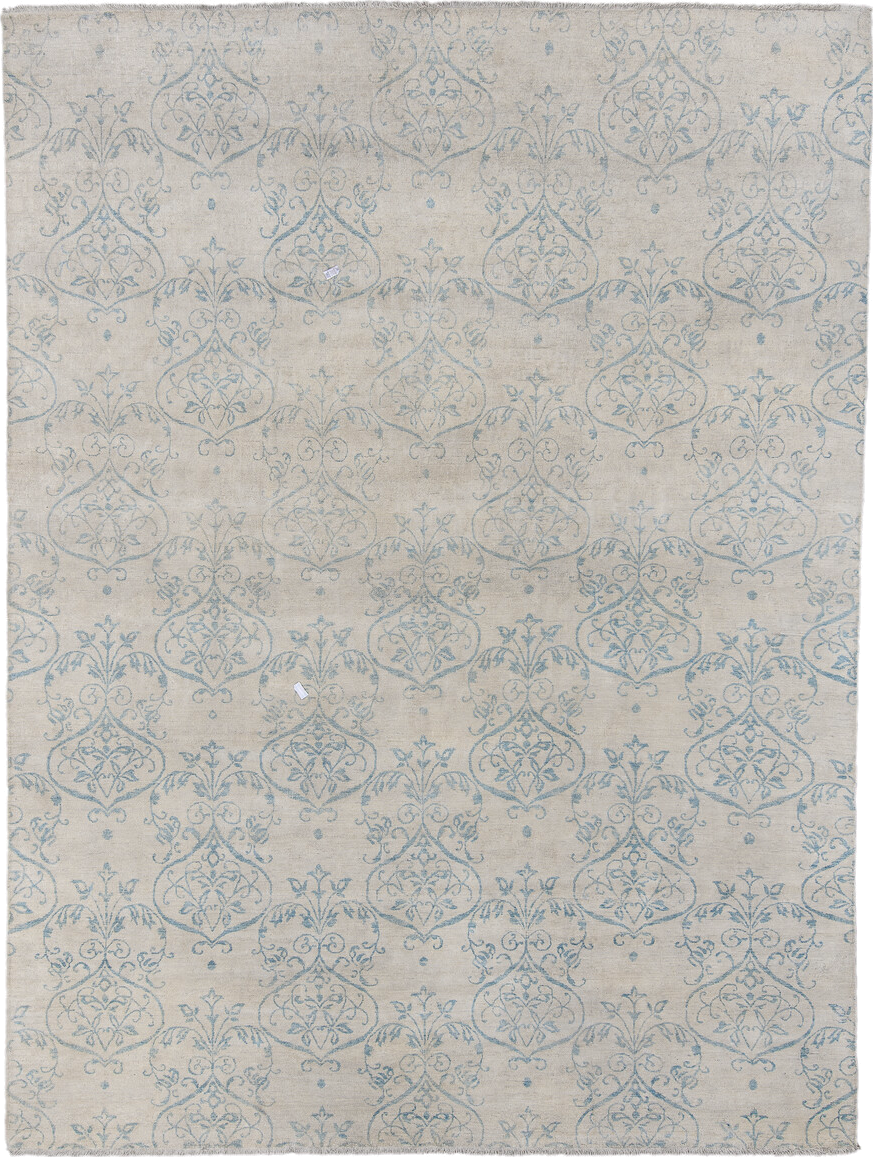 8' x 11' one-of-a-kind handmade vintage European large size rug. Color palette: ivory, pale blue, cream, sky blue, taupe