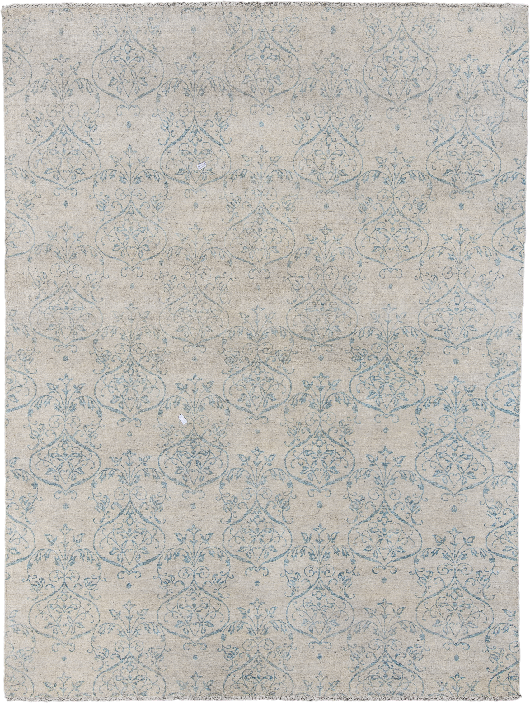 8' x 11' one-of-a-kind handmade vintage European large size rug. Color palette: ivory, pale blue, cream, sky blue, taupe