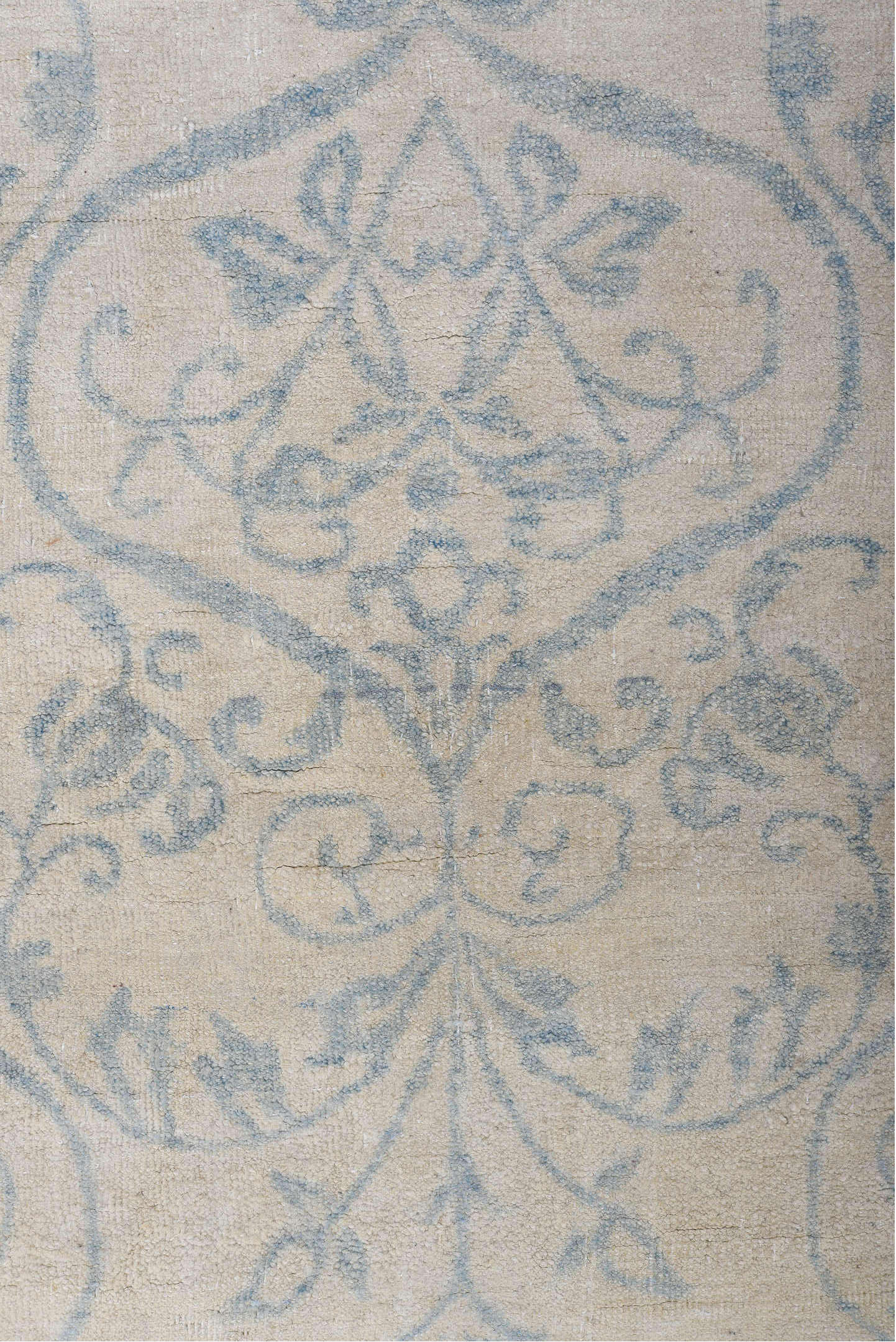 8' x 11' one-of-a-kind handmade vintage European large size rug. Color palette: ivory, pale blue, cream, sky blue, taupe