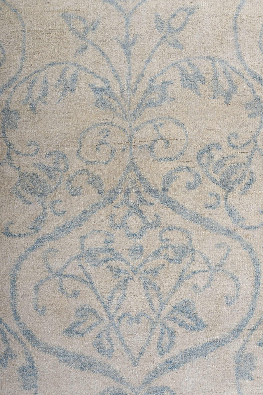 8' x 11' one-of-a-kind handmade vintage European large size rug. Color palette: ivory, pale blue, cream, sky blue, taupe