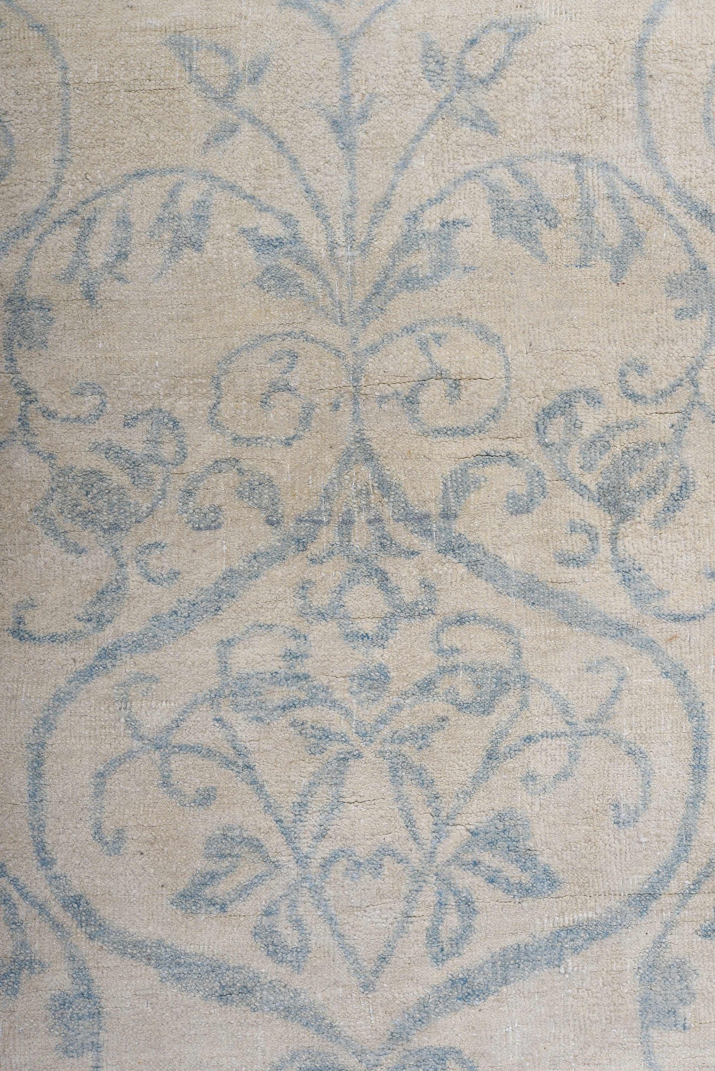 8' x 11' one-of-a-kind handmade vintage European large size rug. Color palette: ivory, pale blue, cream, sky blue, taupe