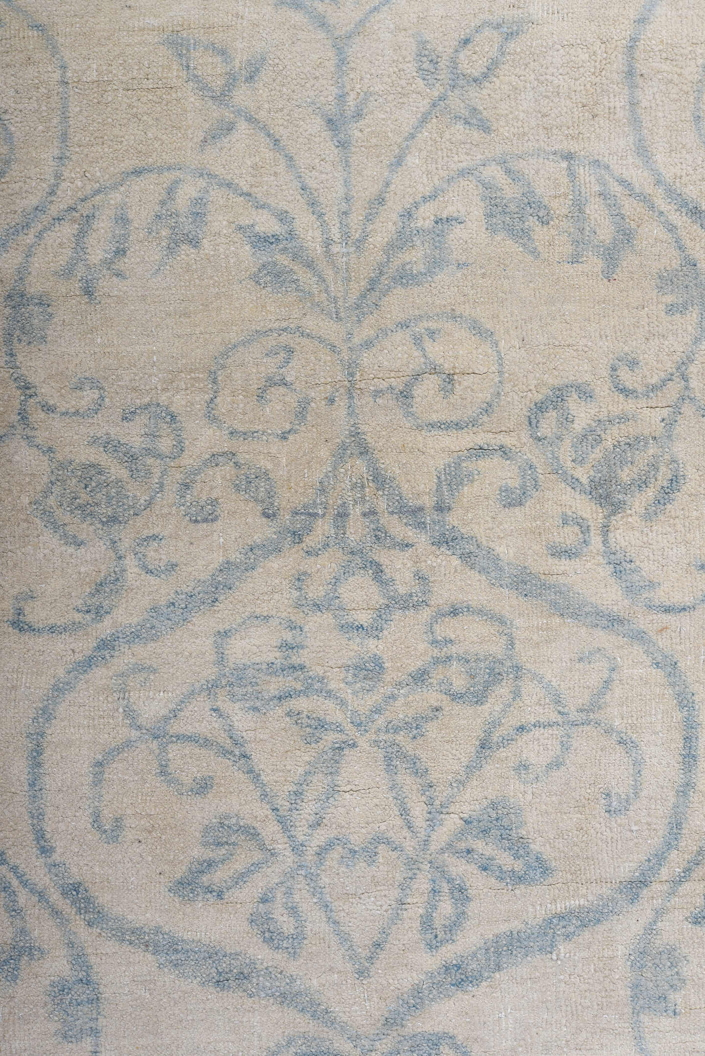 8' x 11' one-of-a-kind handmade vintage European large size rug. Color palette: ivory, pale blue, cream, sky blue, taupe