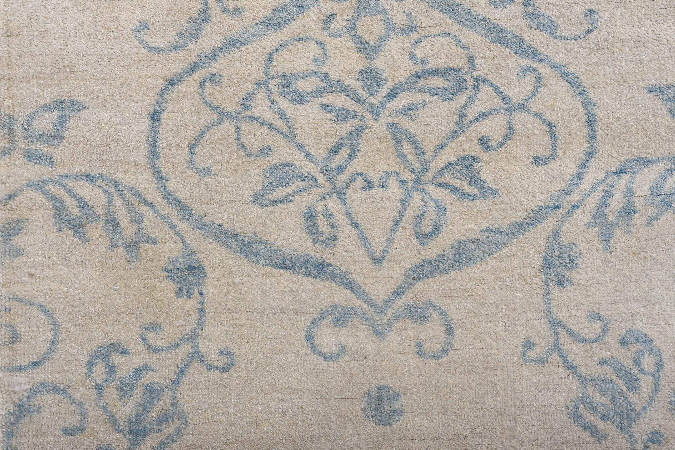 8' x 11' one-of-a-kind handmade vintage European large size rug. Color palette: ivory, pale blue, cream, sky blue, taupe