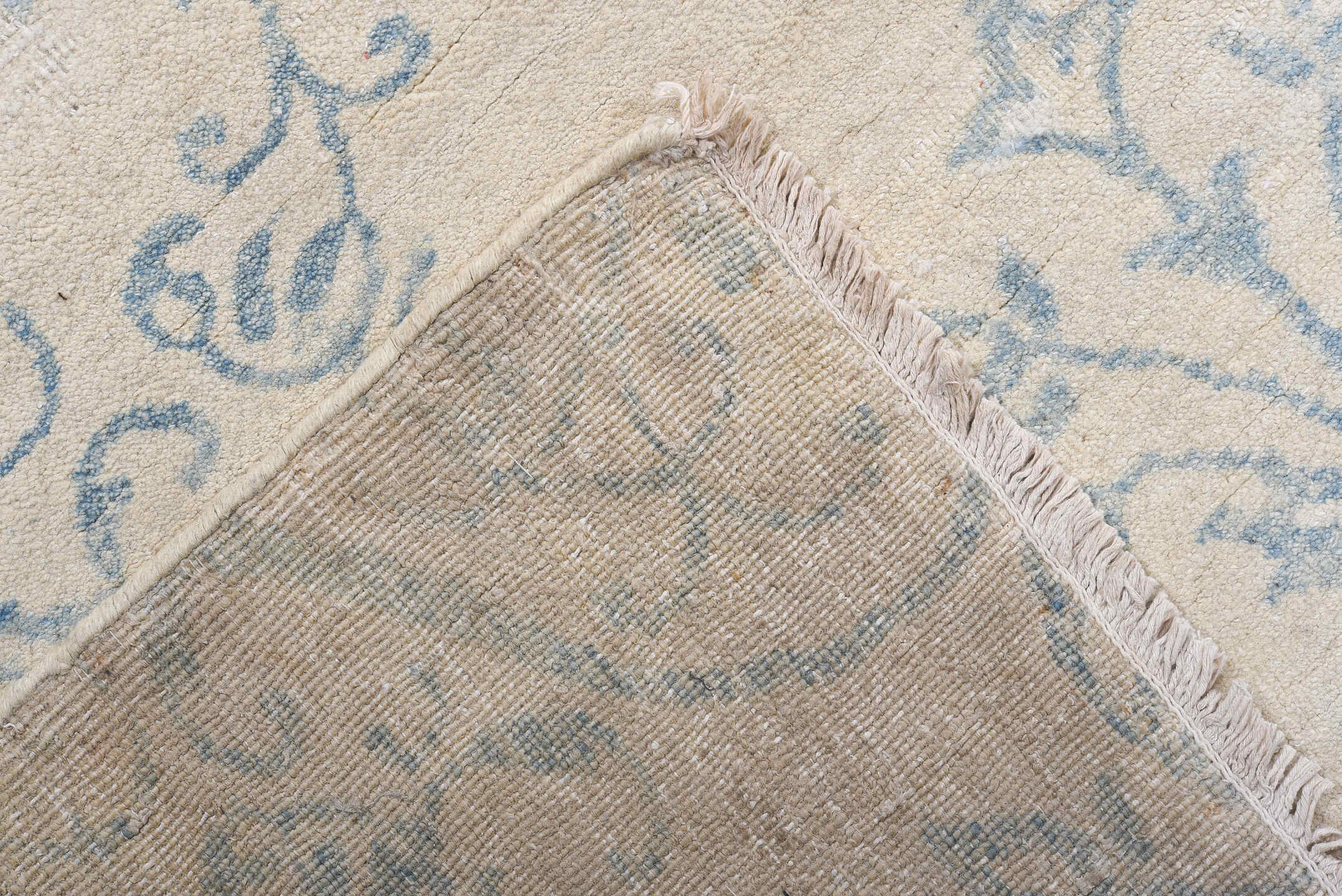 8' x 11' one-of-a-kind handmade vintage European large size rug. Color palette: ivory, pale blue, cream, sky blue, taupe