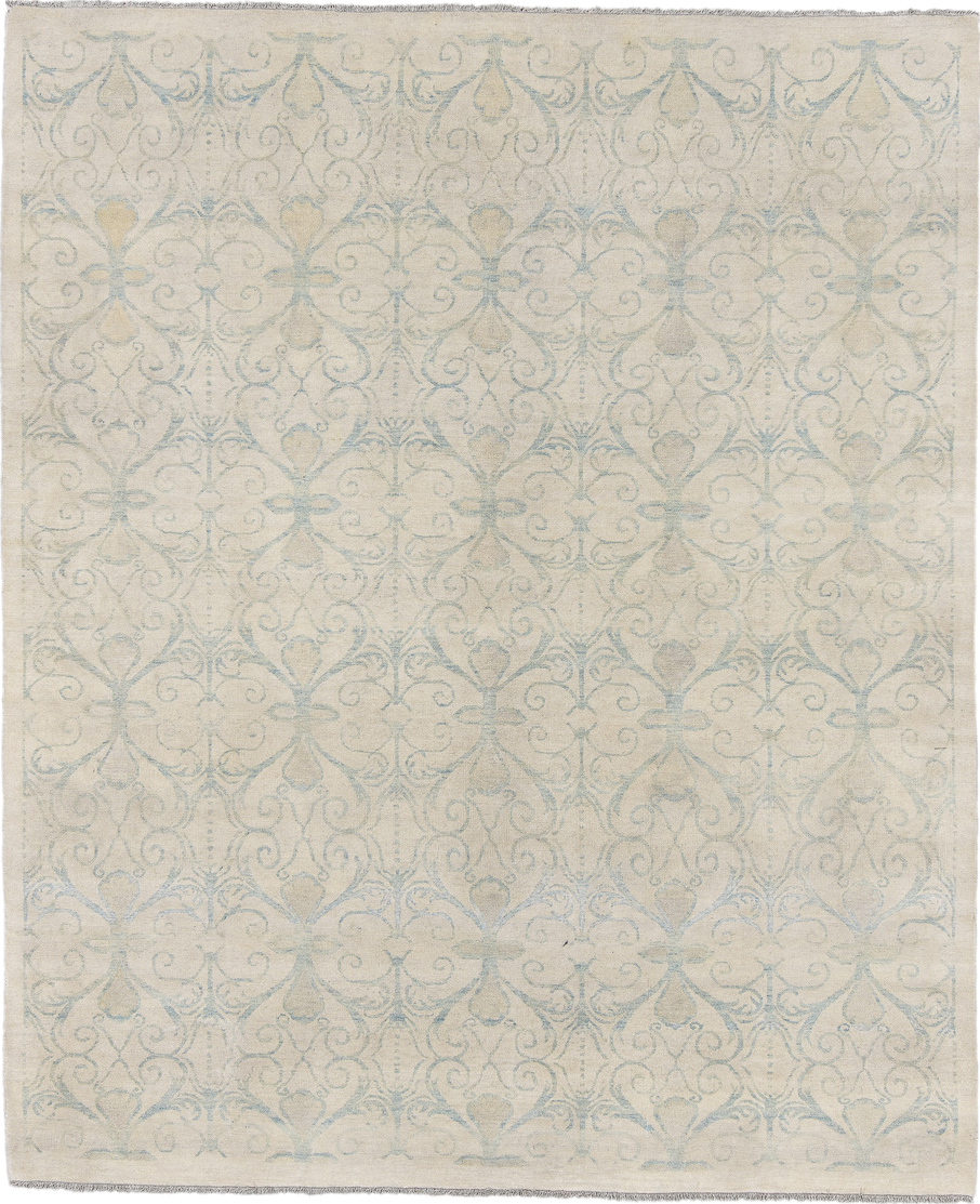 8' x 9' one-of-a-kind handmade vintage European rug. Color palette: ivory, pale blue, cream, beige, light blue