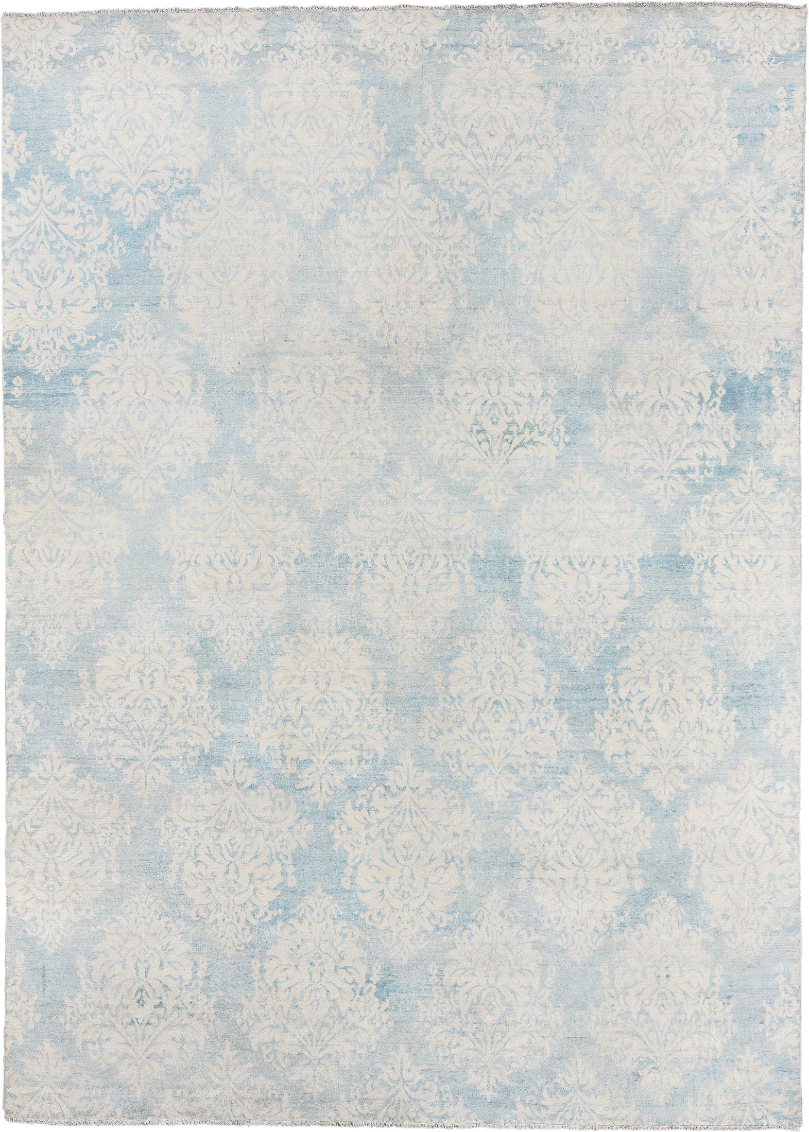 8' x 11' one-of-a-kind handmade vintage European large size rug. Color palette: ivory, pale blue, sky blue, cream, silver