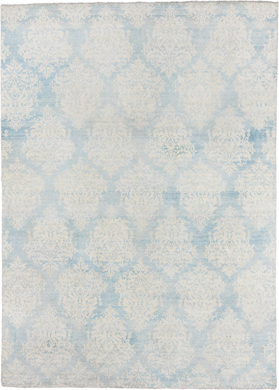 8' x 11' one-of-a-kind handmade vintage European large size rug. Color palette: ivory, pale blue, sky blue, cream, silver