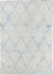 8' x 11' one-of-a-kind handmade vintage European large size rug. Color palette: ivory, pale blue, sky blue, cream, silver