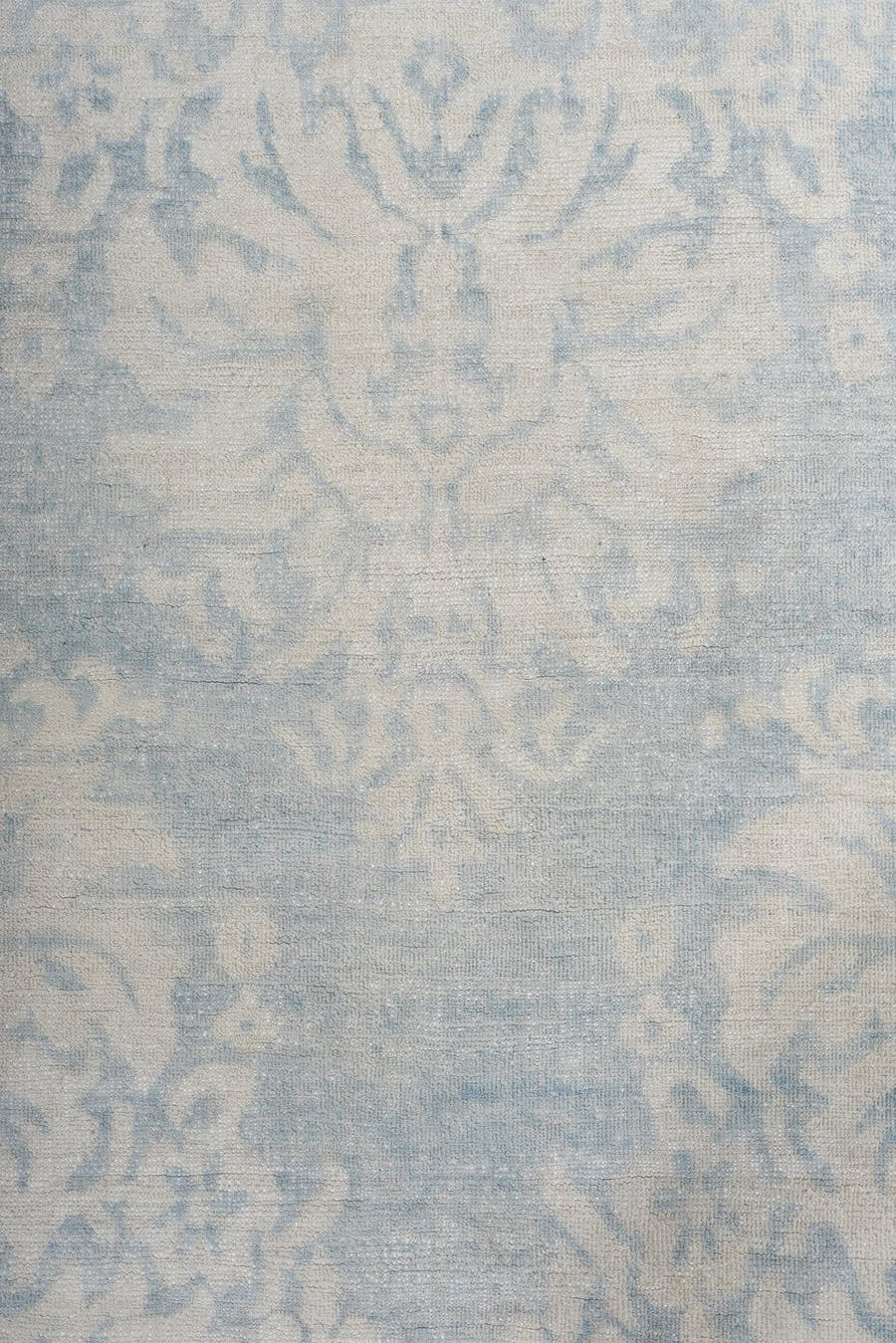 8' x 11' one-of-a-kind handmade vintage European large size rug. Color palette: ivory, pale blue, sky blue, cream, silver