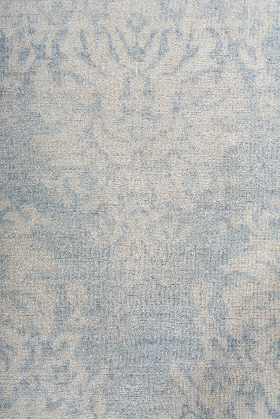 8' x 11' one-of-a-kind handmade vintage European large size rug. Color palette: ivory, pale blue, sky blue, cream, silver