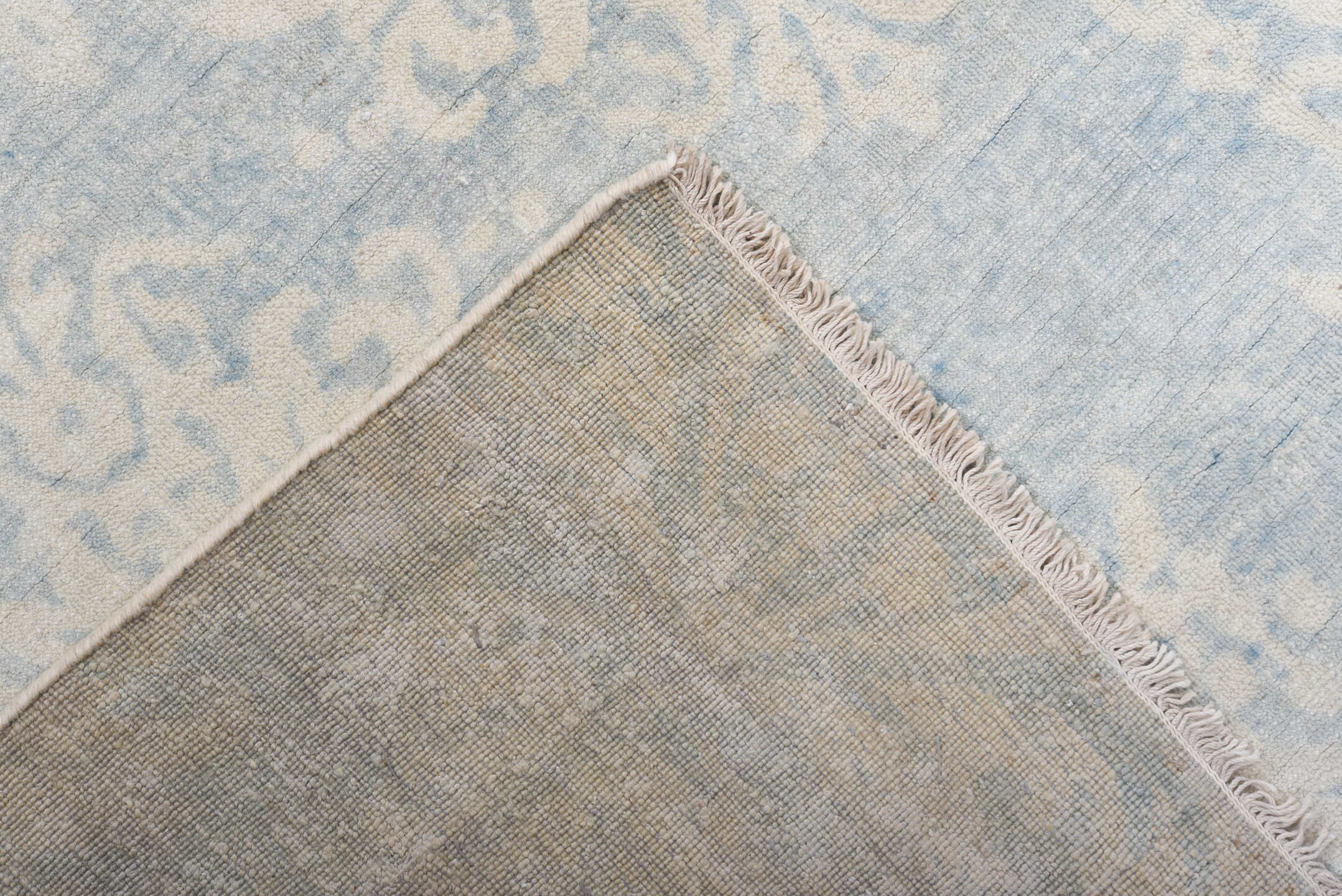 8' x 11' one-of-a-kind handmade vintage European large size rug. Color palette: ivory, pale blue, sky blue, cream, silver