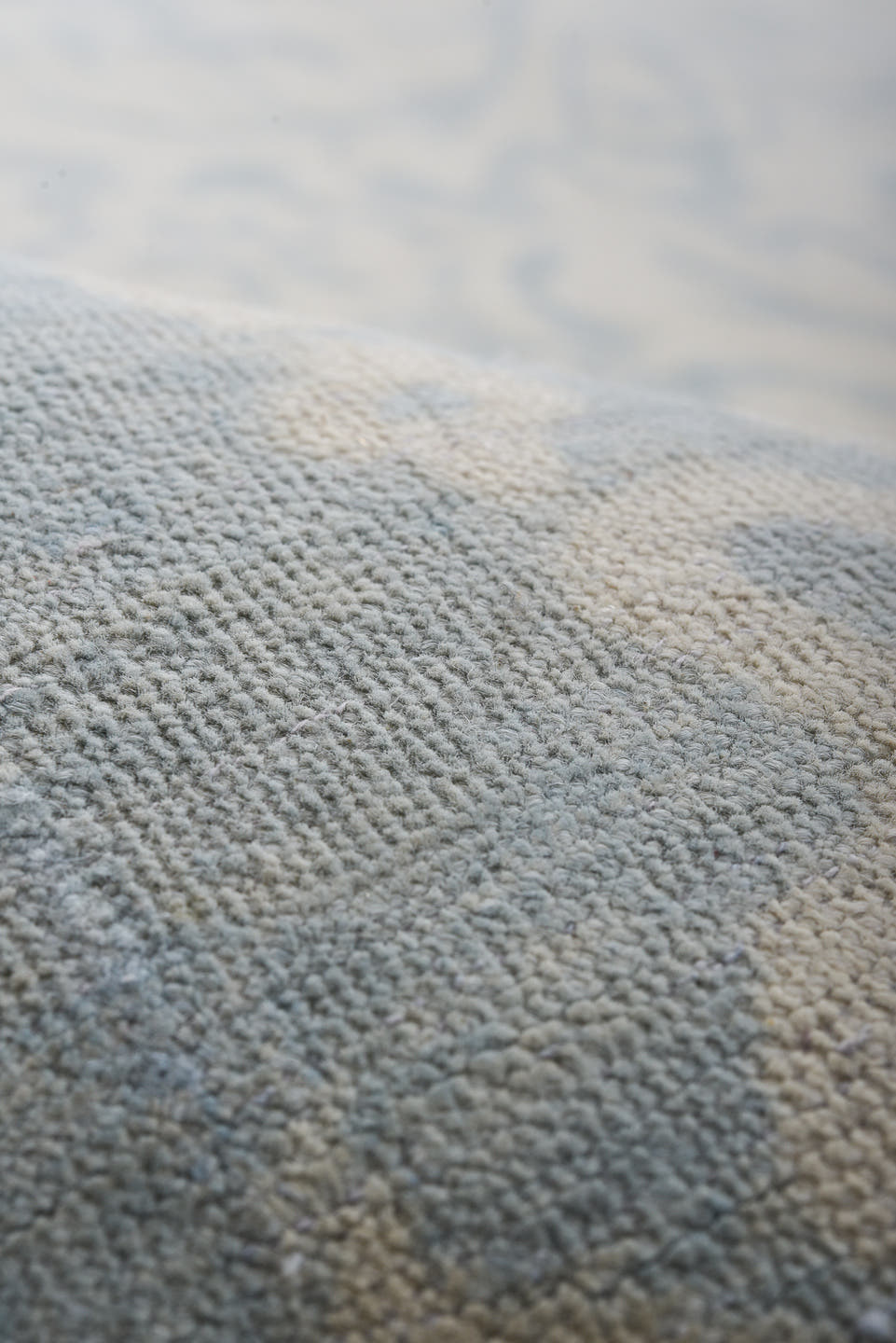 8' x 11' one-of-a-kind handmade vintage European large size rug. Color palette: ivory, pale blue, sky blue, cream, silver