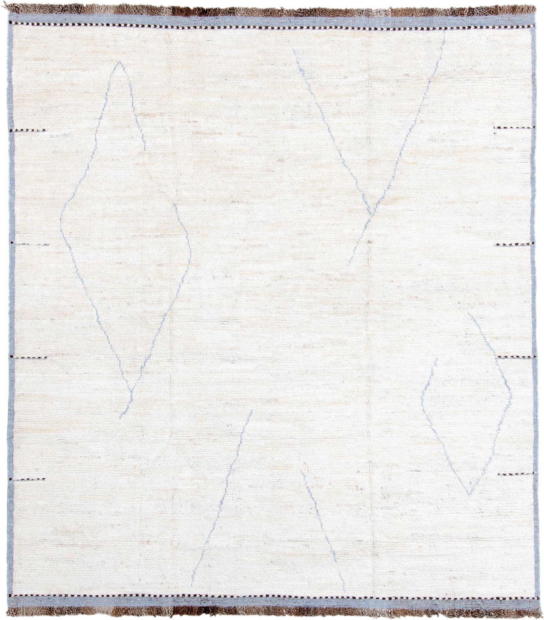 8' x 9' one-of-a-kind handmade vintage  rug. Color palette: ivory, pale blue, taupe, brown, charcoal, light blue, beige