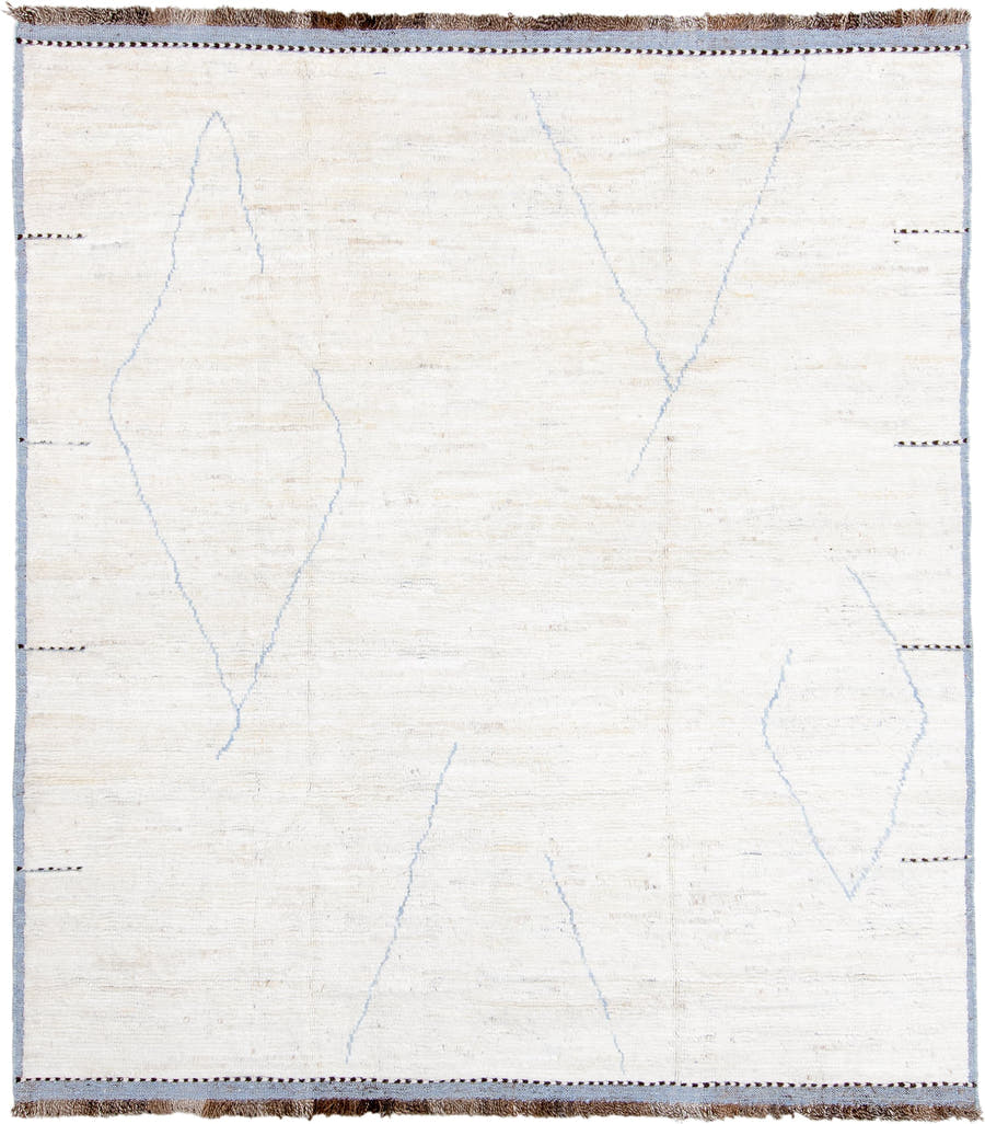 8' x 9' one-of-a-kind handmade vintage  rug. Color palette: ivory, pale blue, taupe, brown, charcoal, light blue, beige