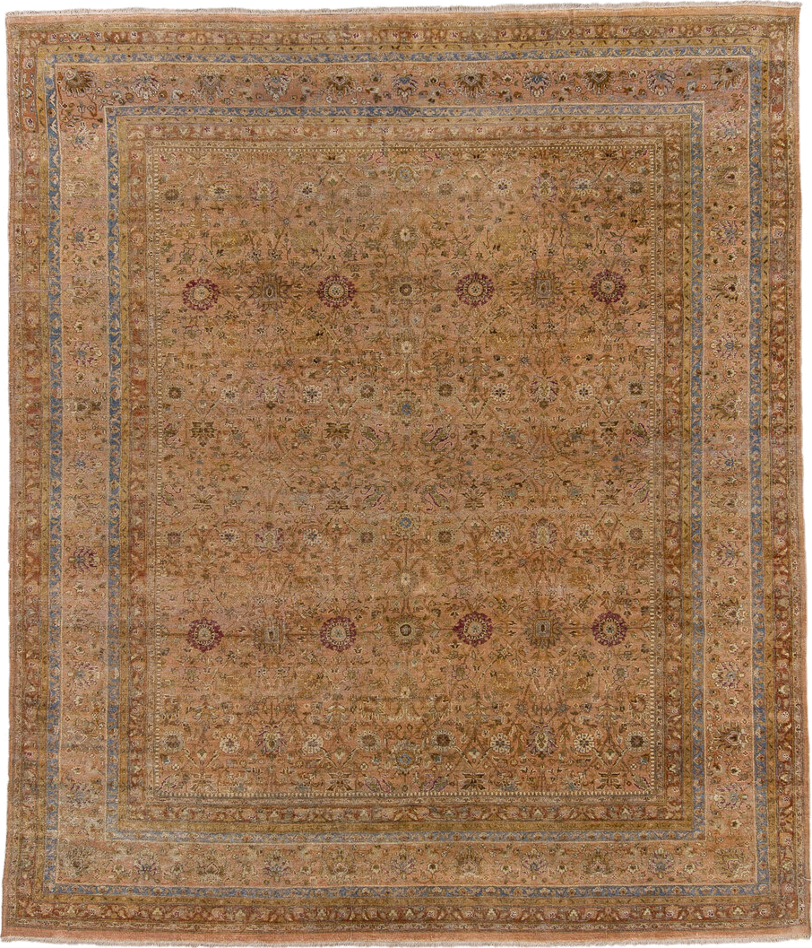8' x 9' one-of-a-kind handmade vintage Sivas rug. Color palette: camel, taupe, dusty rose, faded gold, slate blue, ivory