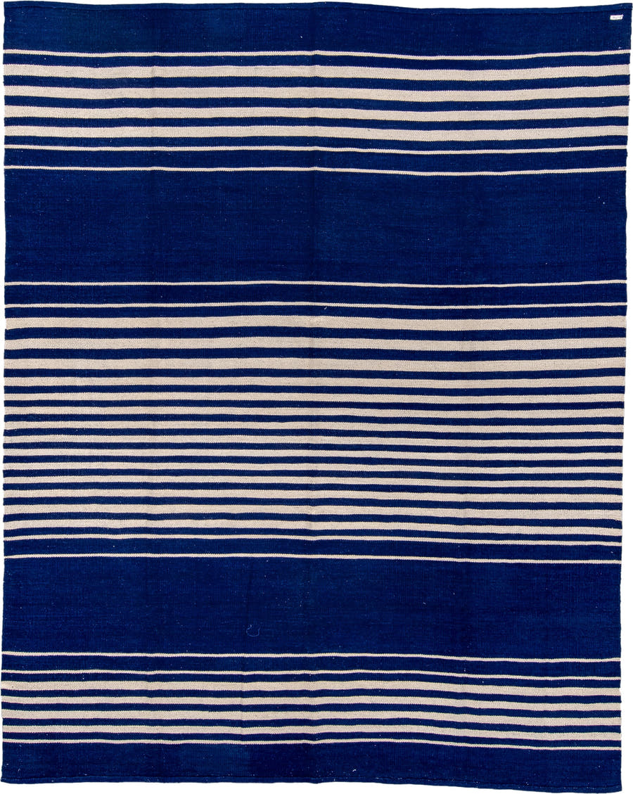 8' x 10' one-of-a-kind handmade vintage Kilim large size rug. Color palette: indigo, ivory, purple