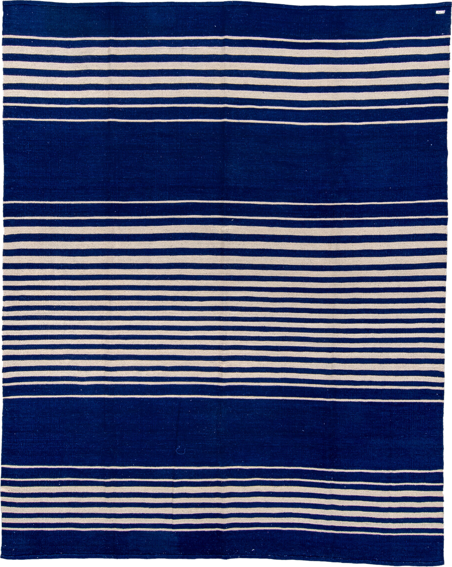 8' x 10' one-of-a-kind handmade vintage Kilim large size rug. Color palette: indigo, ivory, purple