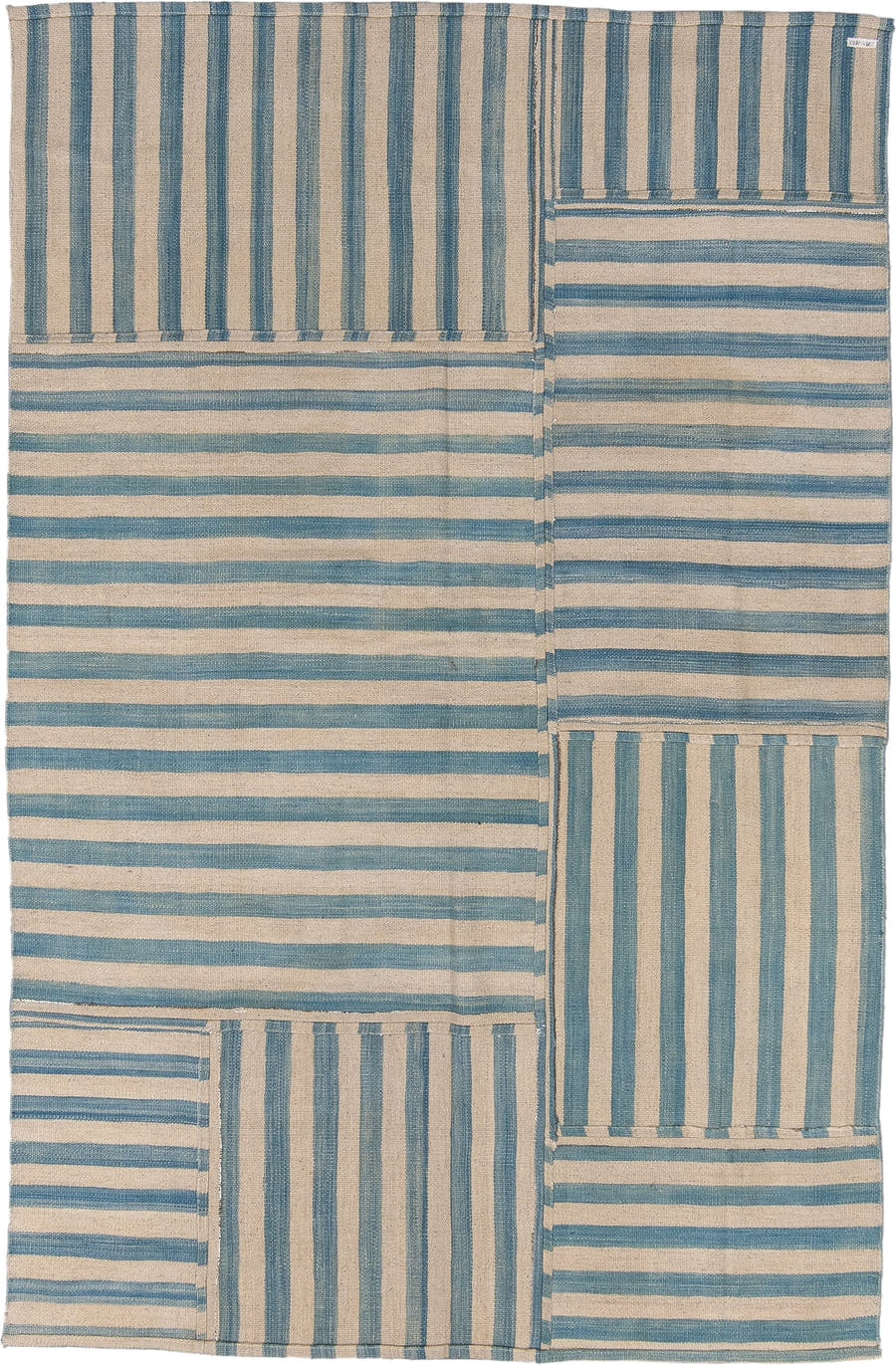 5' x 8' one-of-a-kind handmade vintage Kilim medium size rug. Color palette: ivory, sky blue, pale blue, light blue
