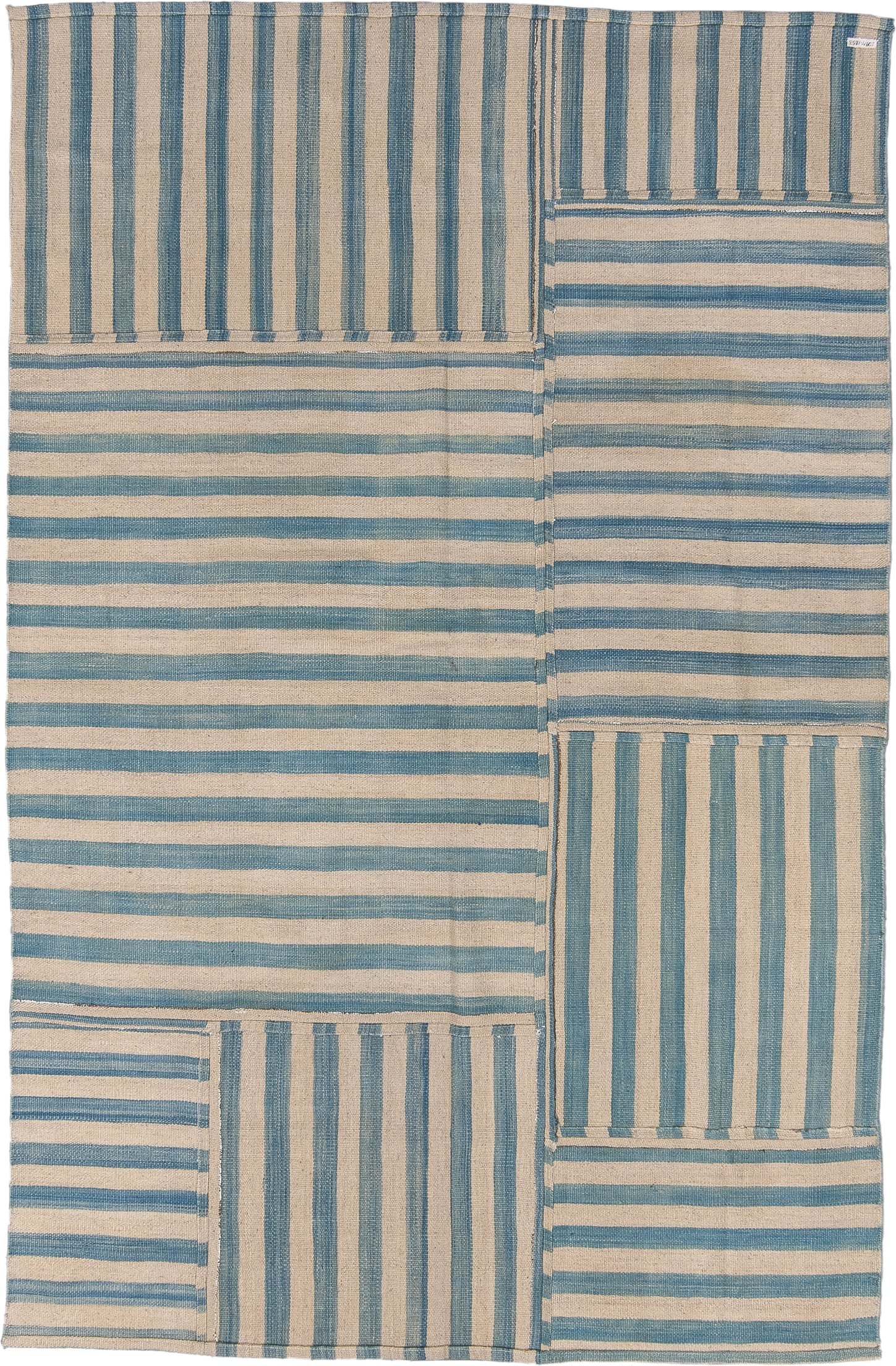 5' x 8' one-of-a-kind handmade vintage Kilim medium size rug. Color palette: ivory, sky blue, pale blue, light blue