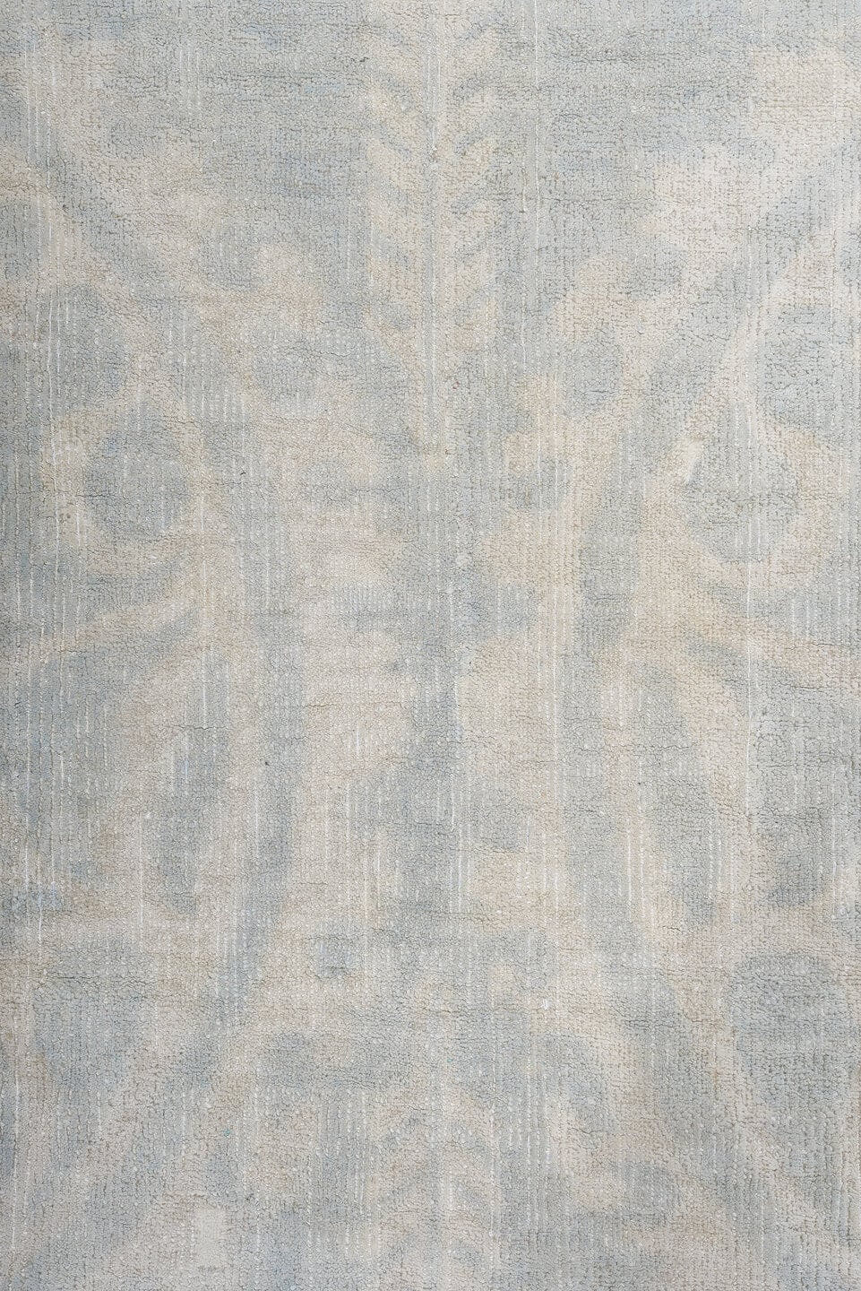 7' x 9' one-of-a-kind handmade vintage European rug. Color palette: pale blue, ivory, cream, silver, taupe, light blue, gray