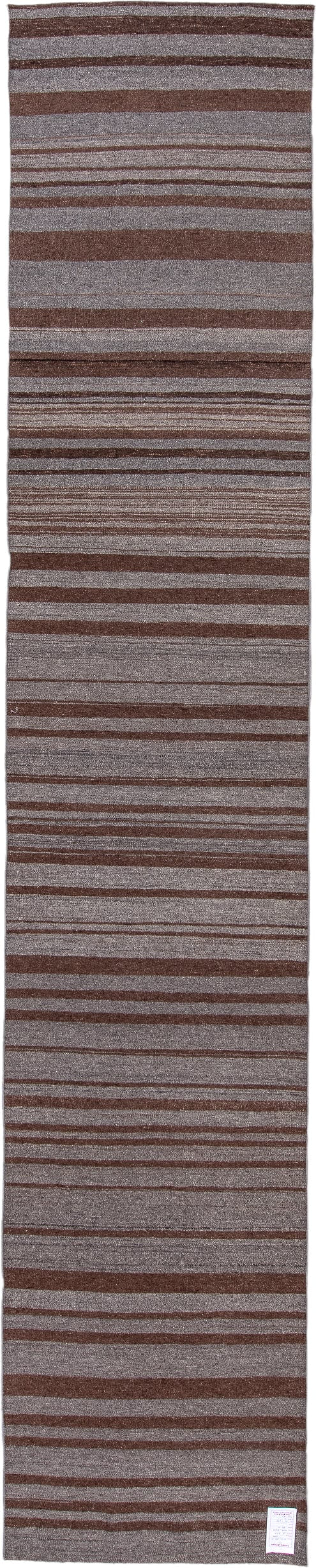 2' x 15' one-of-a-kind handmade vintage Kilim runner rug. Color palette: taupe, brown, charcoal, camel, beige, gray, black