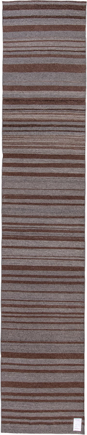 2' x 15' one-of-a-kind handmade vintage Kilim runner rug. Color palette: taupe, brown, charcoal, camel, beige, gray, black
