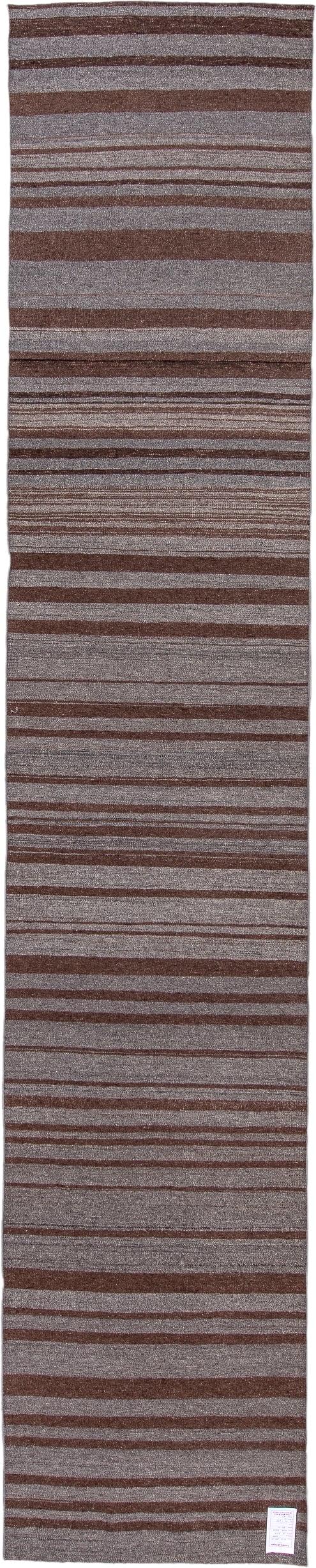 2' x 15' one-of-a-kind handmade vintage Kilim runner rug. Color palette: taupe, brown, charcoal, camel, beige, gray, black