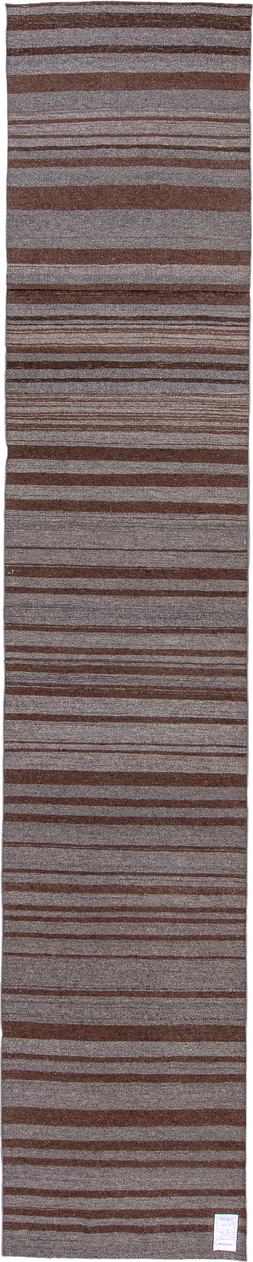 2' x 15' one-of-a-kind handmade vintage Kilim runner rug. Color palette: taupe, brown, charcoal, camel, beige, gray, black