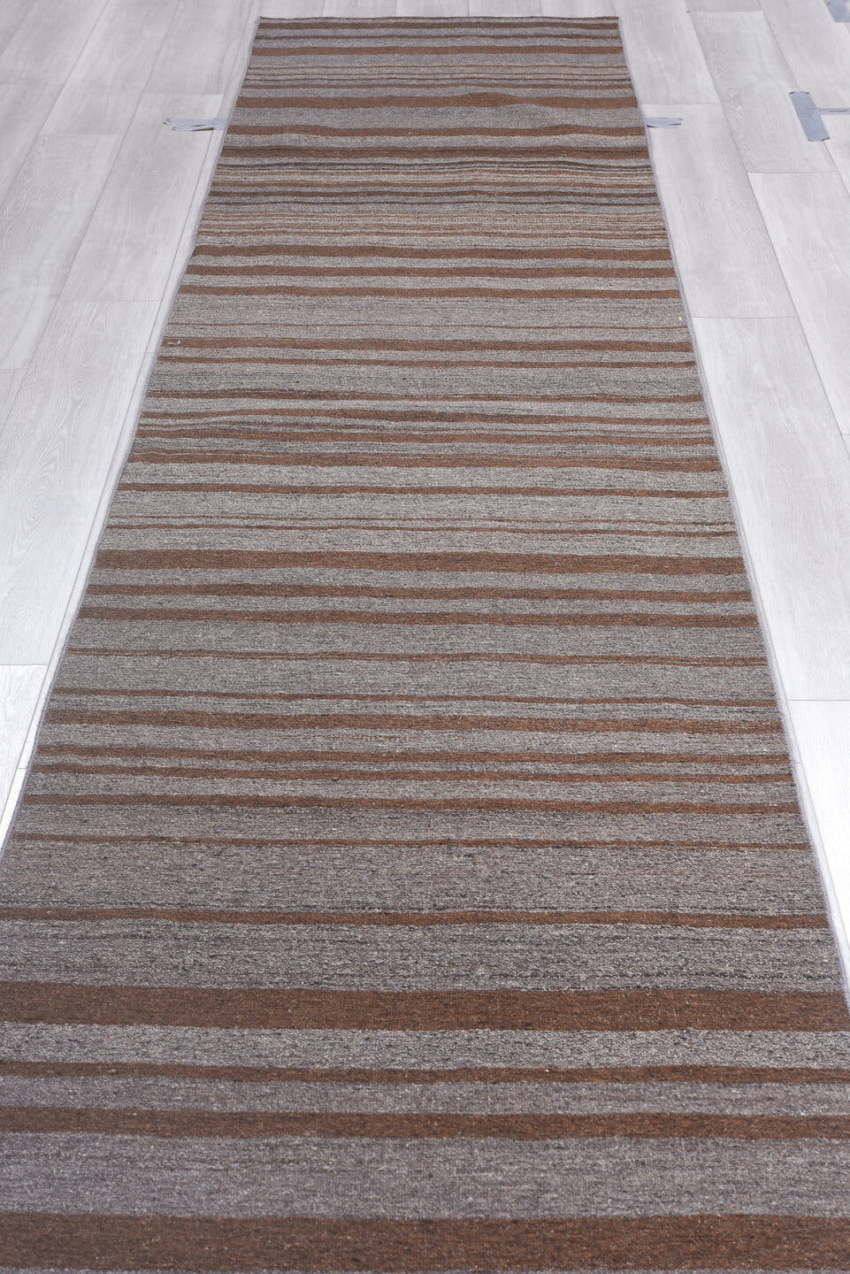 2' x 15' one-of-a-kind handmade vintage Kilim runner rug. Color palette: taupe, brown, charcoal, camel, beige, gray, black