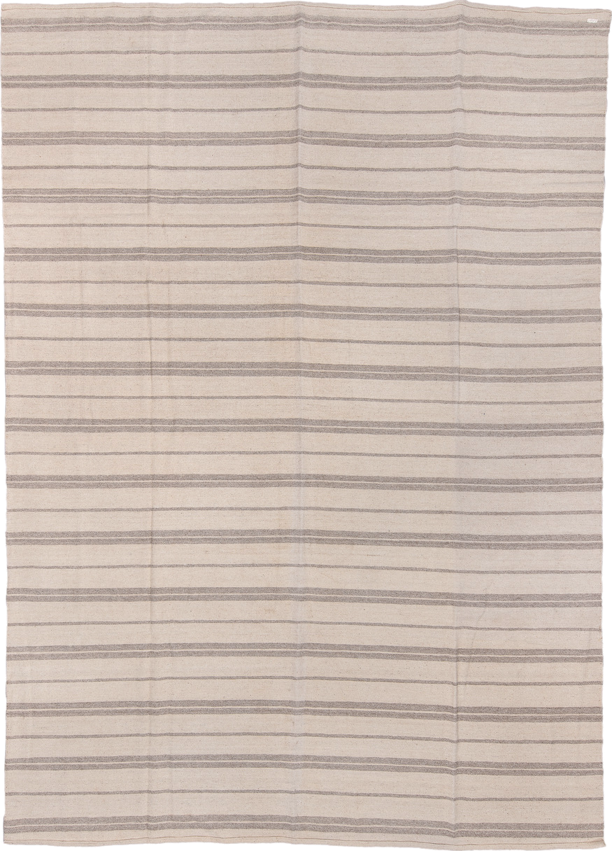 9' x 13' one-of-a-kind handmade vintage Kilim large size rug. Color palette: ivory, taupe, gray, cream, beige