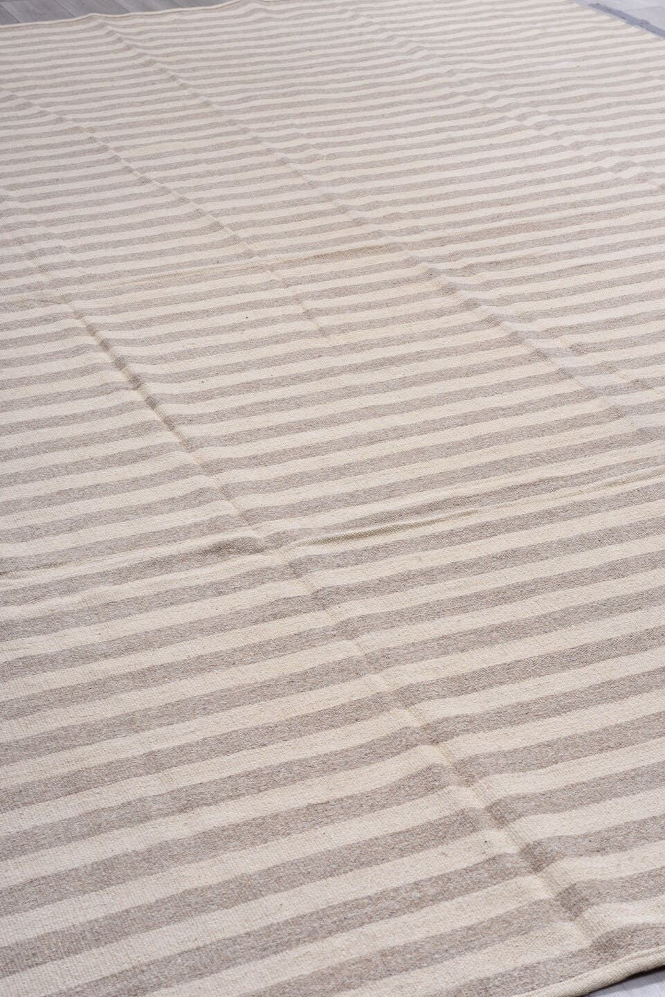 10' x 13' one-of-a-kind handmade vintage Kilim large size rug. Color palette: ivory, taupe, beige, gray