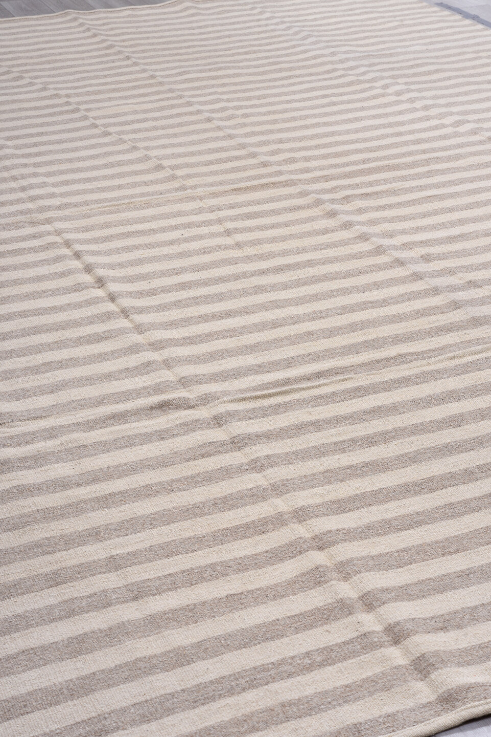 10' x 13' one-of-a-kind handmade vintage Kilim large size rug. Color palette: gray, light gray, off-white, pink