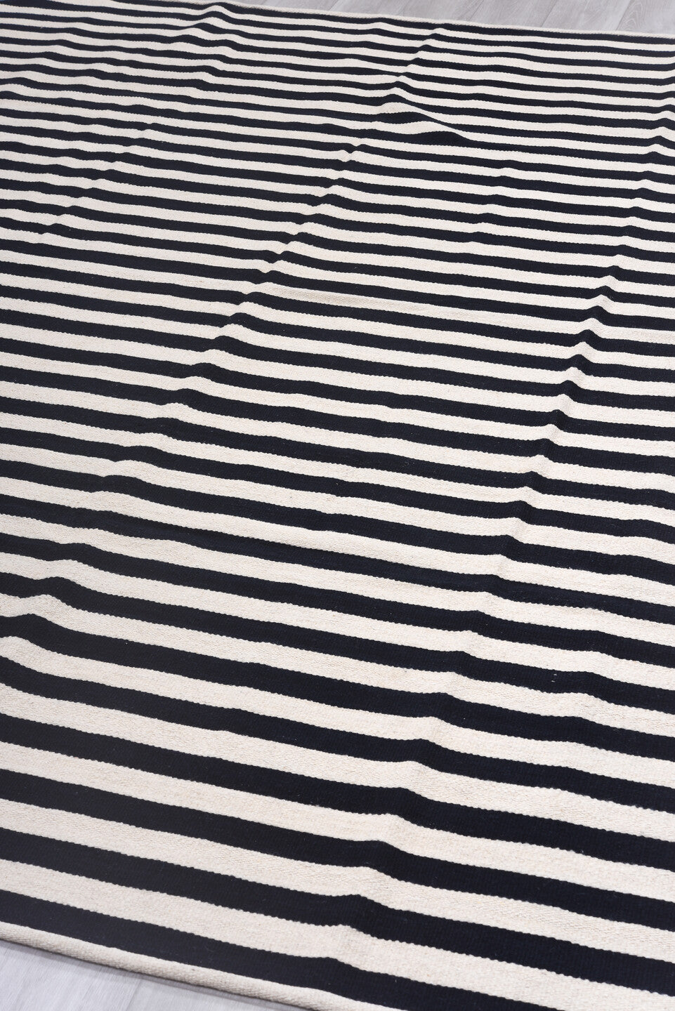 7' x 9' one-of-a-kind handmade vintage Kilim rug. Color palette: black, brown, gainsboro, gray, light gray, linen, off-white