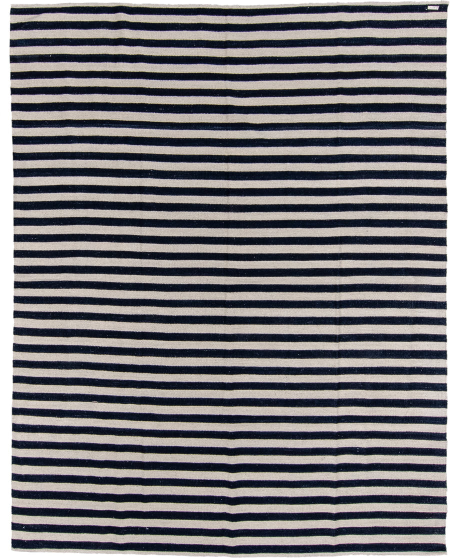 7' x 9' one-of-a-kind handmade vintage Kilim rug. Color palette: ivory, navy, blue