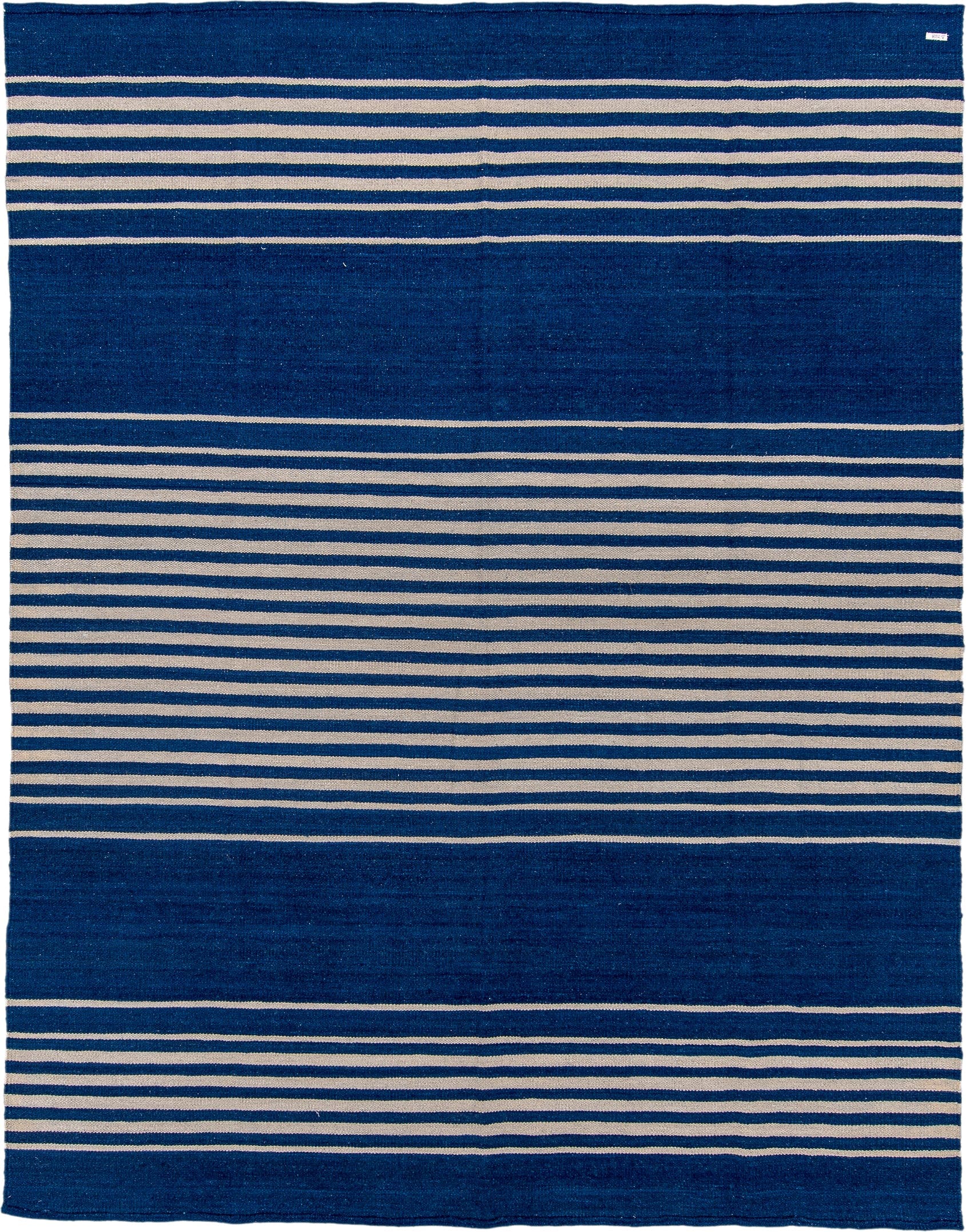 7' x 9' one-of-a-kind handmade vintage Kilim rug. Color palette: indigo, ivory, purple