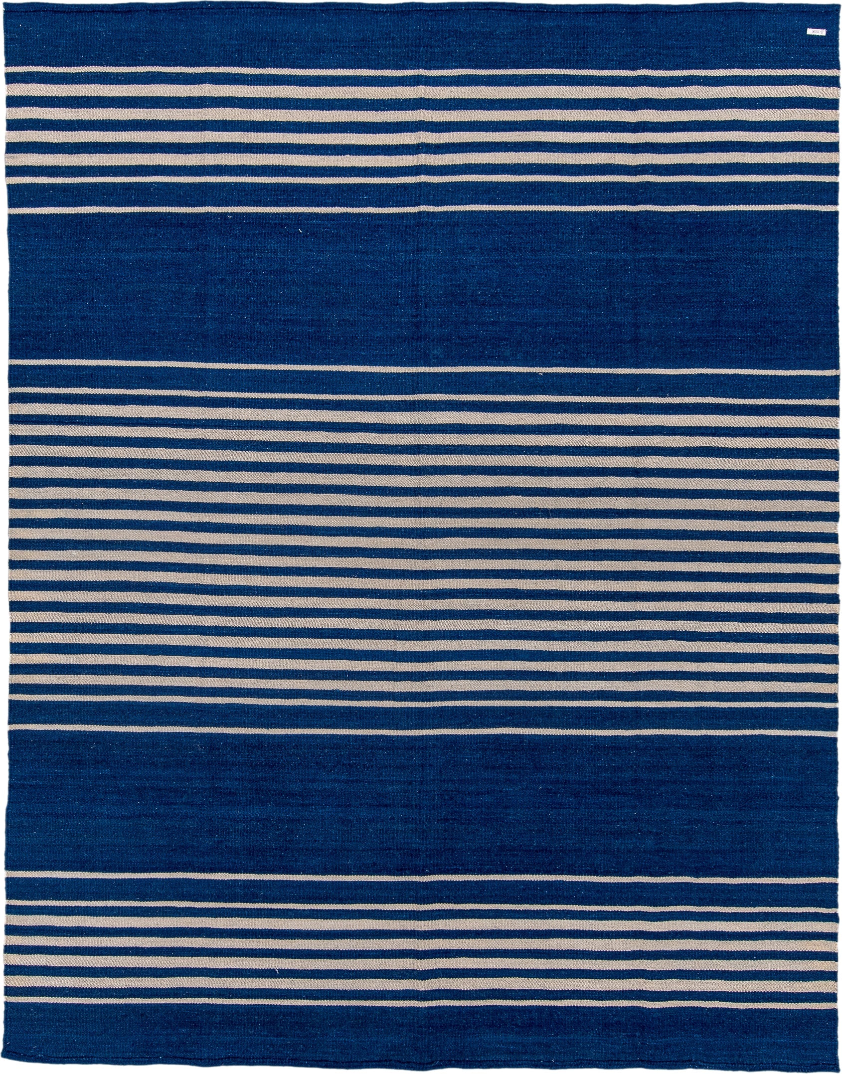 7' x 9' one-of-a-kind handmade vintage Kilim rug. Color palette: indigo, ivory, purple