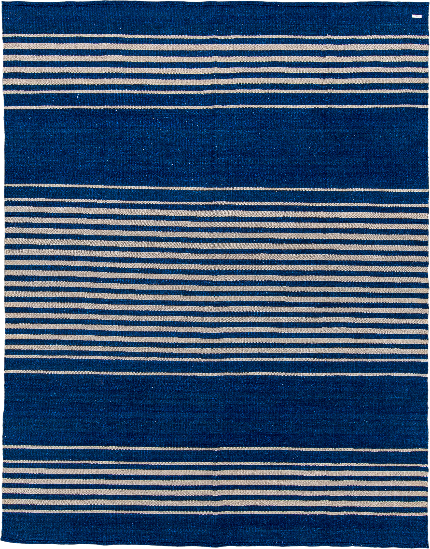 7' x 9' one-of-a-kind handmade vintage Kilim rug. Color palette: indigo, ivory, purple