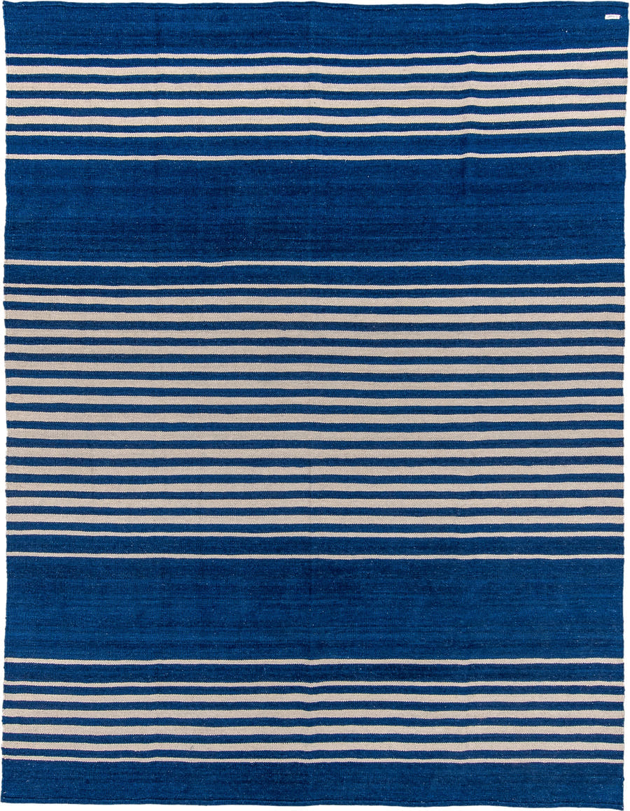 7' x 10' one-of-a-kind handmade vintage Kilim large size rug. Color palette: indigo, ivory, purple