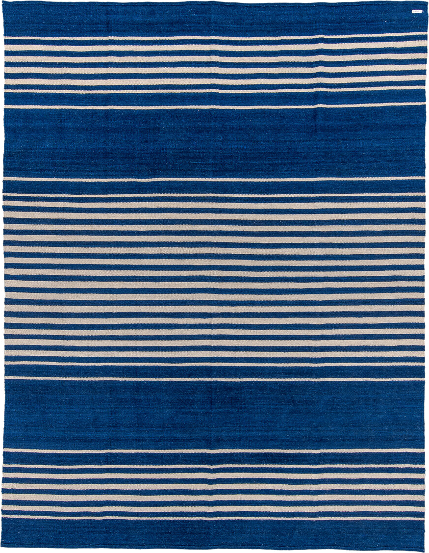 7' x 10' one-of-a-kind handmade vintage Kilim large size rug. Color palette: indigo, ivory, purple