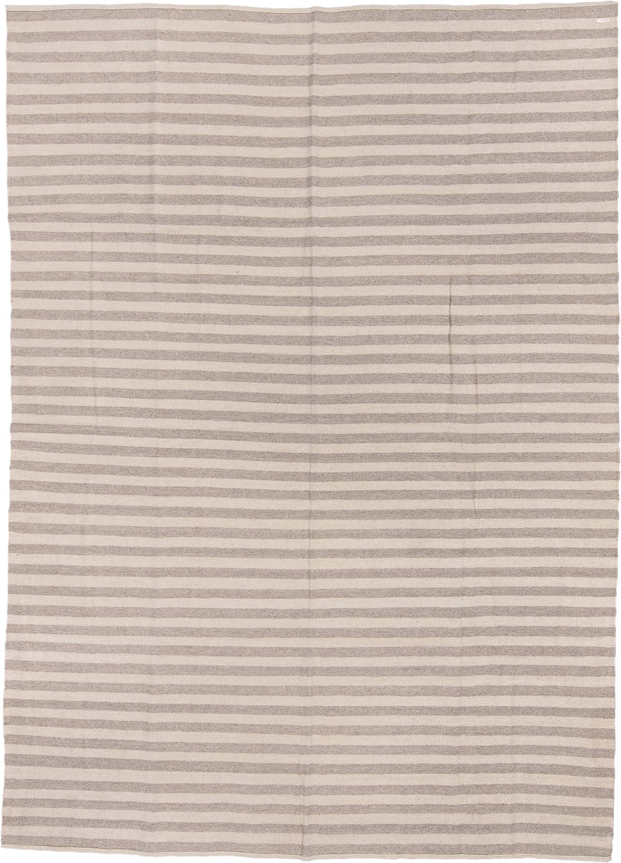 8' x 12' one-of-a-kind handmade vintage Kilim large size rug. Color palette: ivory, taupe, beige, light gray, gray